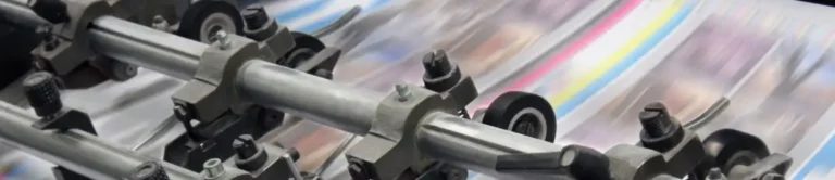 Close-up of printing press rollers running full-colour print