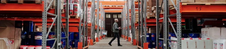 Staff member walking through a warehouse aisle stocked with retail goods